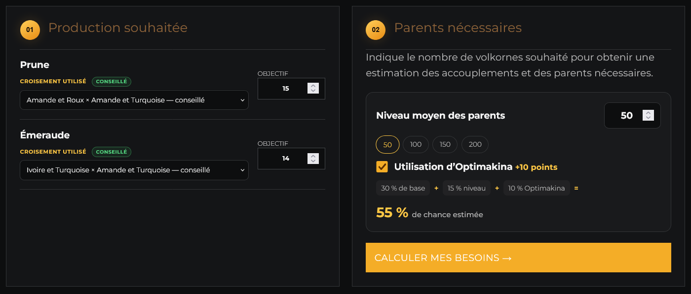Calculateur inversé de Volkornes avec recette conseillée, niveau des parents et Optimakina.